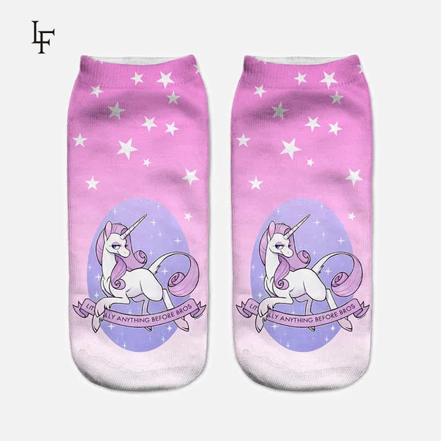 2017 Harajuku 3D Print Unicorn Socks Women Kawaii Ankle Licorne Chaussette Femme Calcetines Mujer Cute  Emoji Art Socks ws66