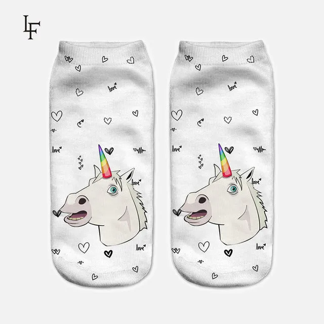 2017 Harajuku 3D Print Unicorn Socks Women Kawaii Ankle Licorne Chaussette Femme Calcetines Mujer Cute  Emoji Art Socks ws66