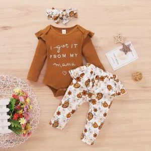 3PCS Sets Newborn baby girl clothes 2022 Winter Letter Print Bodysuit Floral Pants Headband