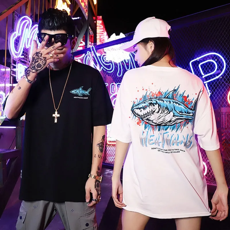 Angry Great Shark Printed Hip Hop Streetwear Loose Tees