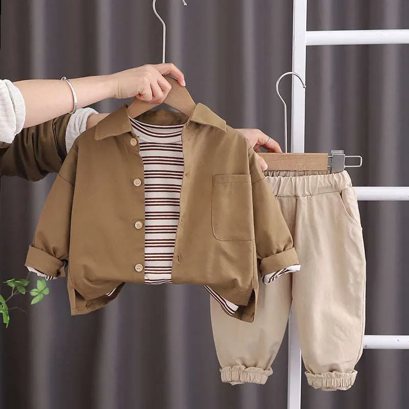 Boy's Long Sleeve Shirt, Top and Pants Three-piece Outfit Set