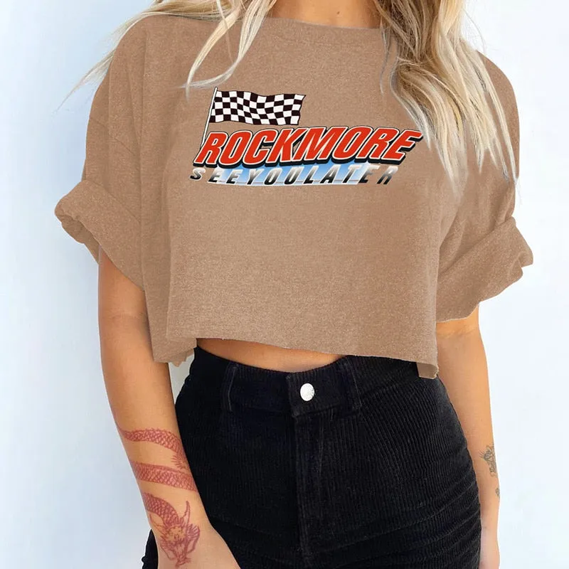 Casual Loose Streetwear Short Curl Sleeve Korean Fashion Letter Print Crop Tops Tees