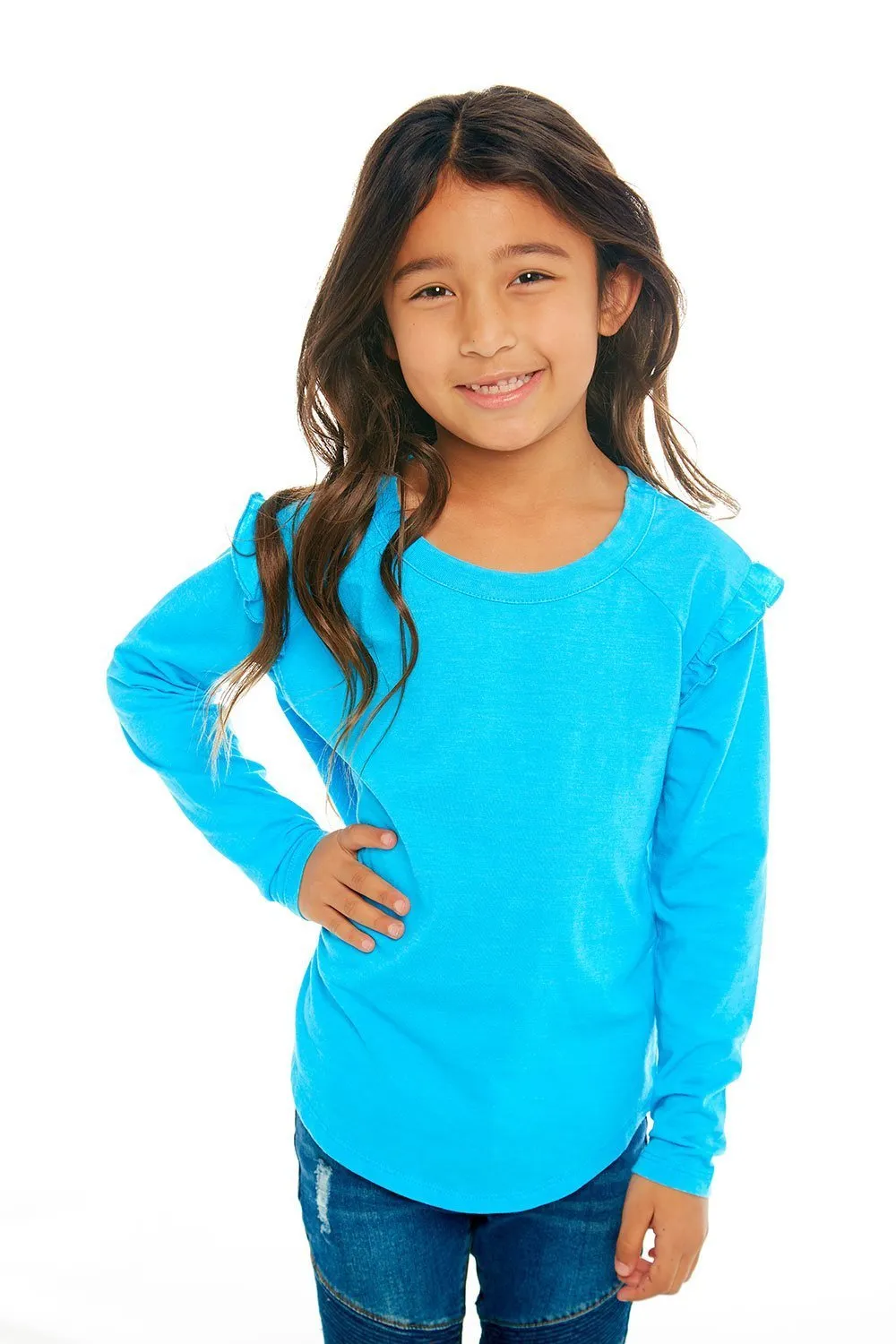 CHASER KIDS - Girls Vintage Jersey Long Sleeve Ruffle Raglan Shirtail Tee in Cabana