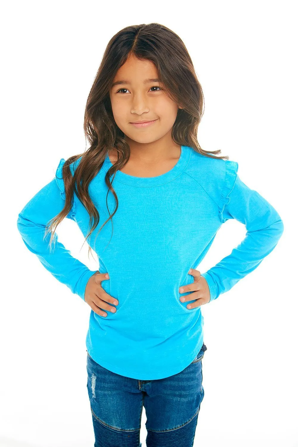 CHASER KIDS - Girls Vintage Jersey Long Sleeve Ruffle Raglan Shirtail Tee in Cabana