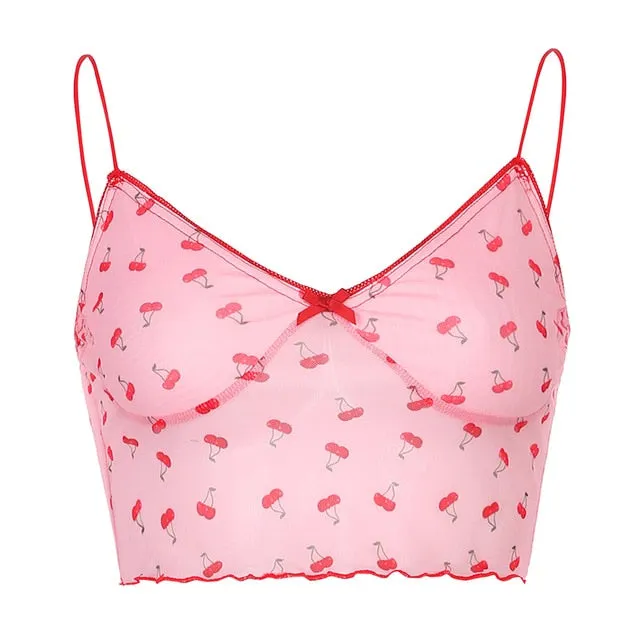 Cherry Print Cute V Neck Slim Sexy Pink Summer Kawaii Crop Top