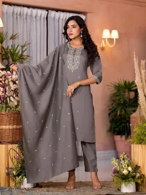 Dark Grey Zari Embroidered Viscose Kurta Pant And Dupatta Set