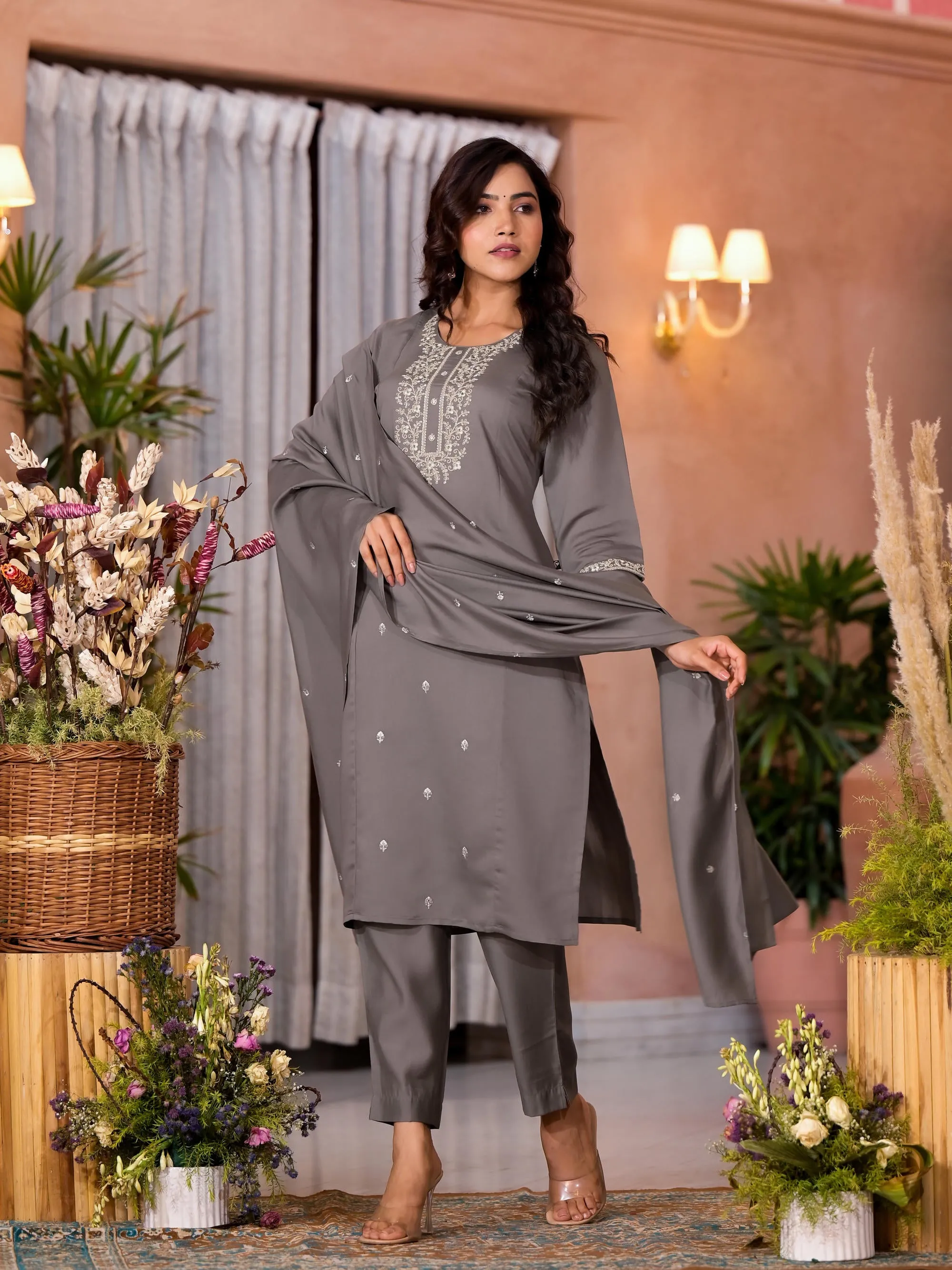 Dark Grey Zari Embroidered Viscose Kurta Pant And Dupatta Set