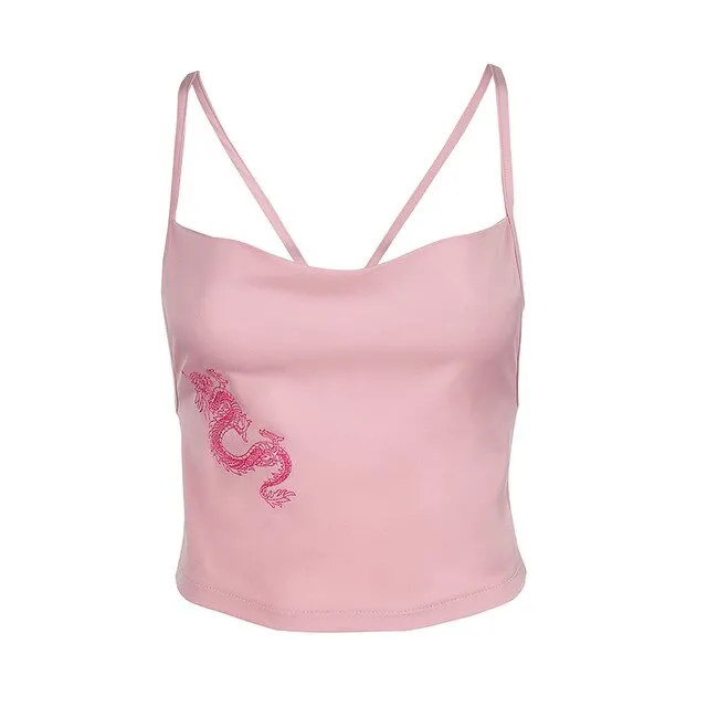 Dragon Pattern Pink Cute Bralette Crop Top Clubwear Backless Sexy Off Shoulder Tank Tops