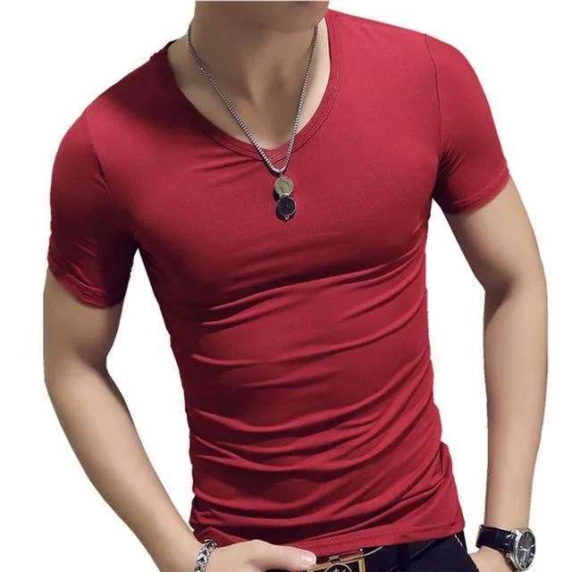 Elastic V Neck Men T Shirt Mens Fashion Short Sleeve Tshirt Fitness Casual Male T-shirt 2018 Brand Clothing Tee Tops 5XL 8J0129