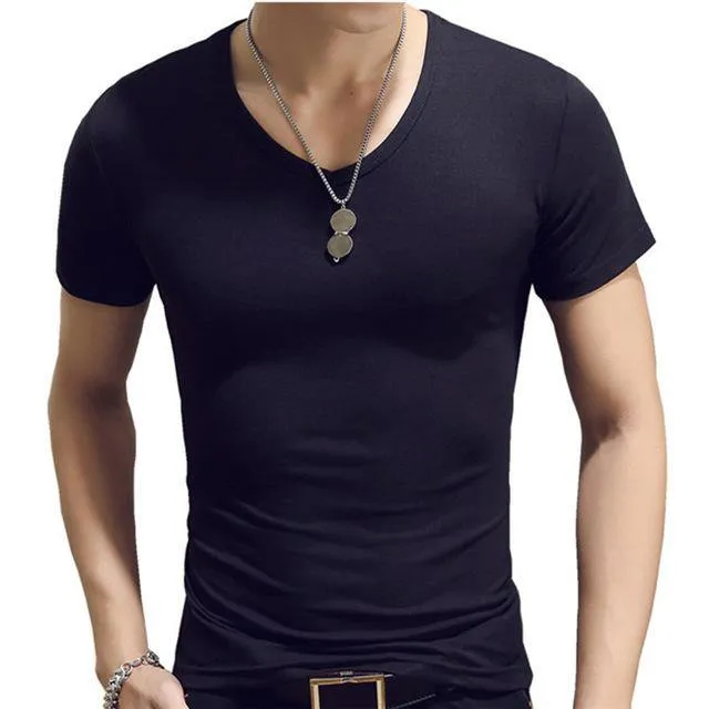 Elastic V Neck Men T Shirt Mens Fashion Short Sleeve Tshirt Fitness Casual Male T-shirt 2018 Brand Clothing Tee Tops 5XL 8J0129