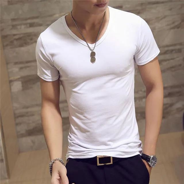 Elastic V Neck Men T Shirt Mens Fashion Short Sleeve Tshirt Fitness Casual Male T-shirt 2018 Brand Clothing Tee Tops 5XL 8J0129