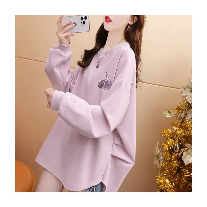 Embroidery Cherry Short In Front Long In Back Sweatshirt