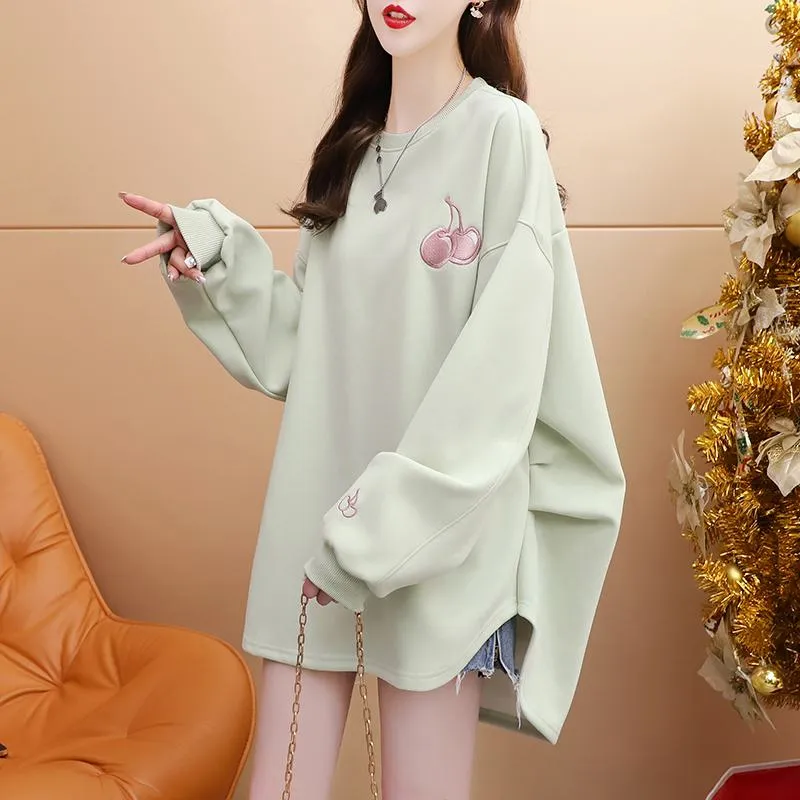 Embroidery Cherry Short In Front Long In Back Sweatshirt