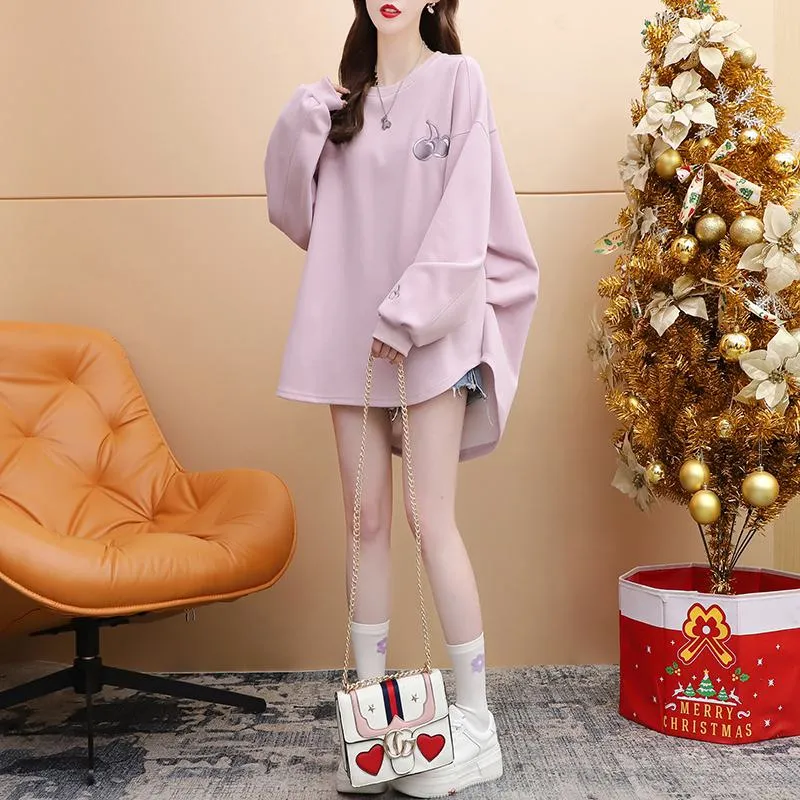 Embroidery Cherry Short In Front Long In Back Sweatshirt