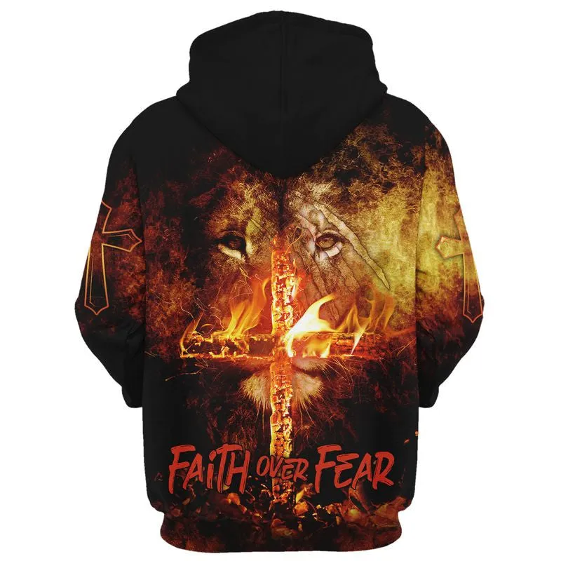 Faith Over Fear Lion Christian Cross Hoodies Men & Women Christian Hoodie 3D Printed Hoodie