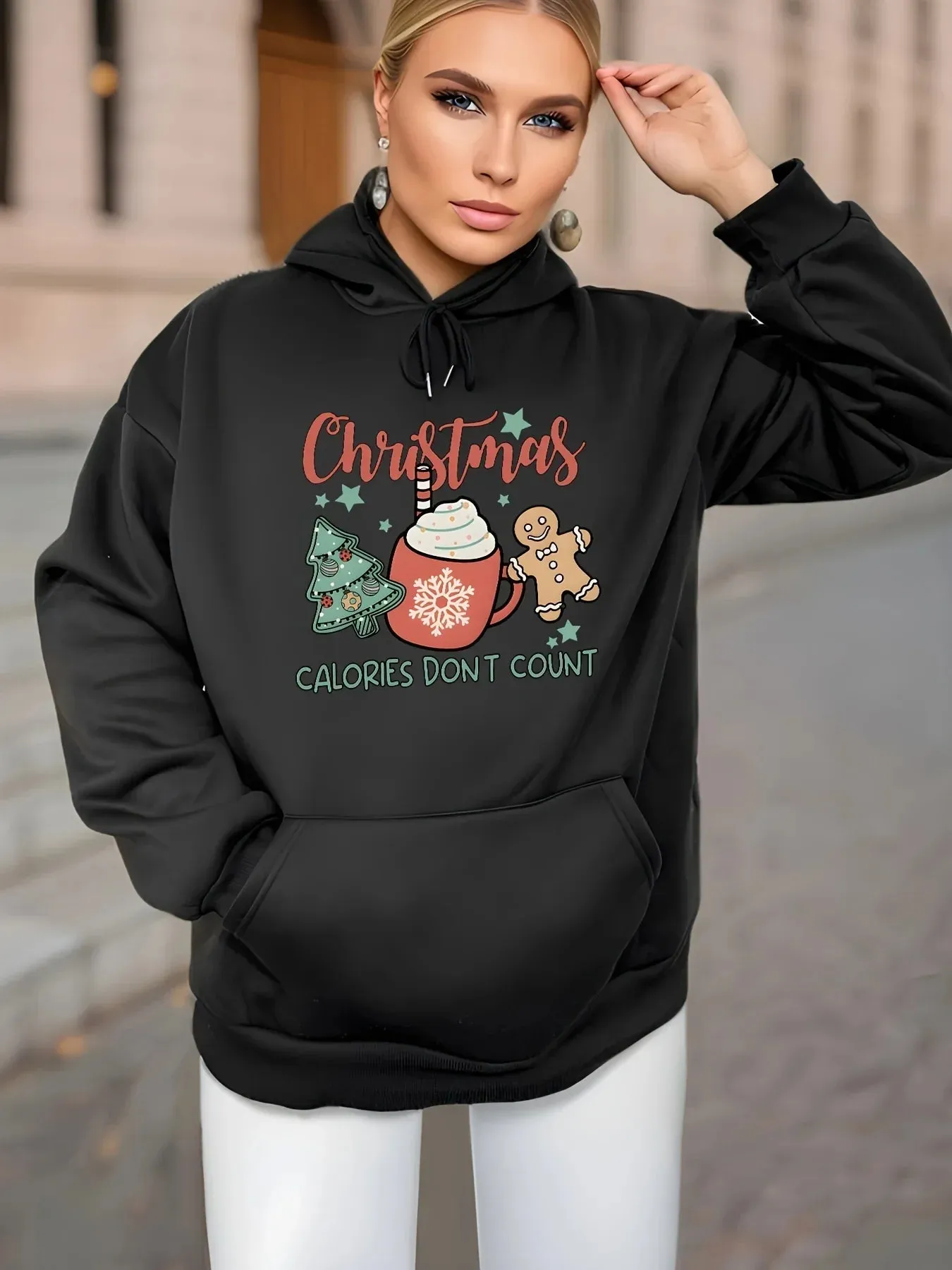 Fleece Lined Drawstring Sports Hoodie with Christmas Tree Design