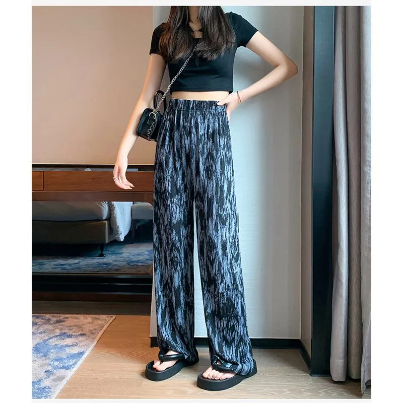 Floor-Length Casual Tie-Dye Straight Plus Silky Black High-Waisted Pants