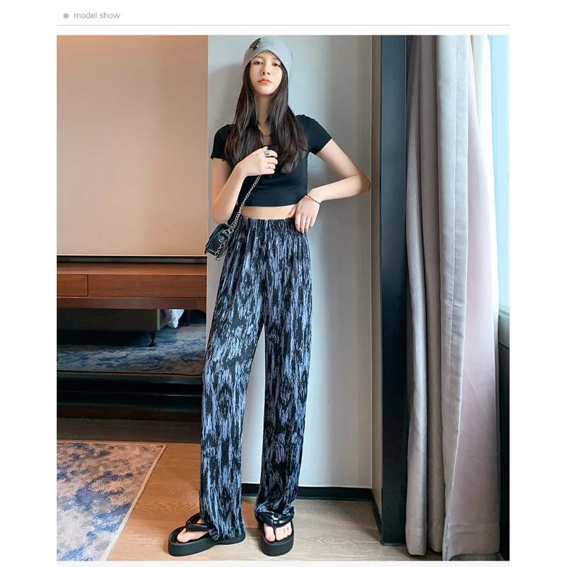 Floor-Length Casual Tie-Dye Straight Plus Silky Black High-Waisted Pants