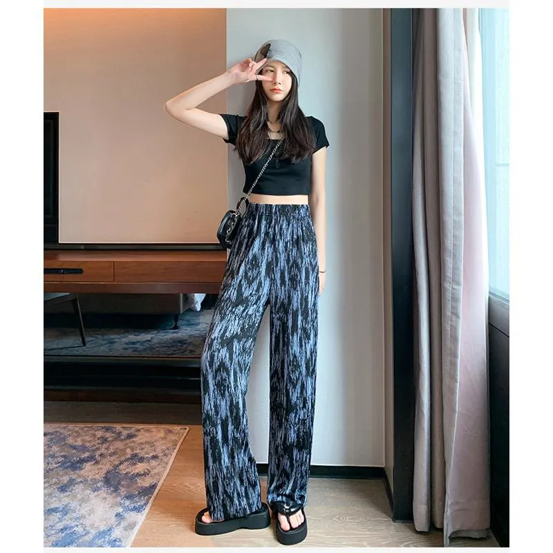 Floor-Length Casual Tie-Dye Straight Plus Silky Black High-Waisted Pants