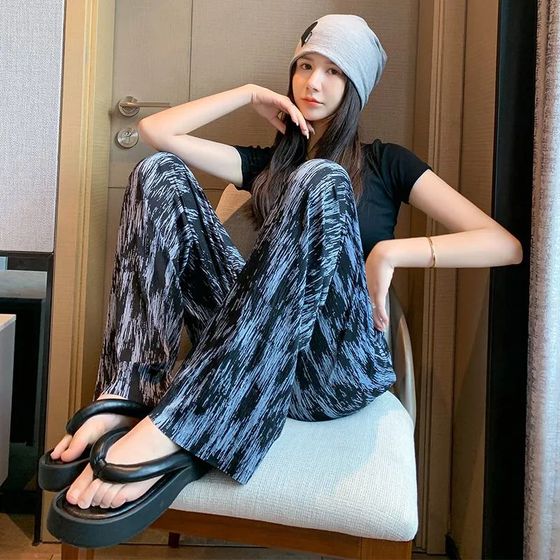 Floor-Length Casual Tie-Dye Straight Plus Silky Black High-Waisted Pants