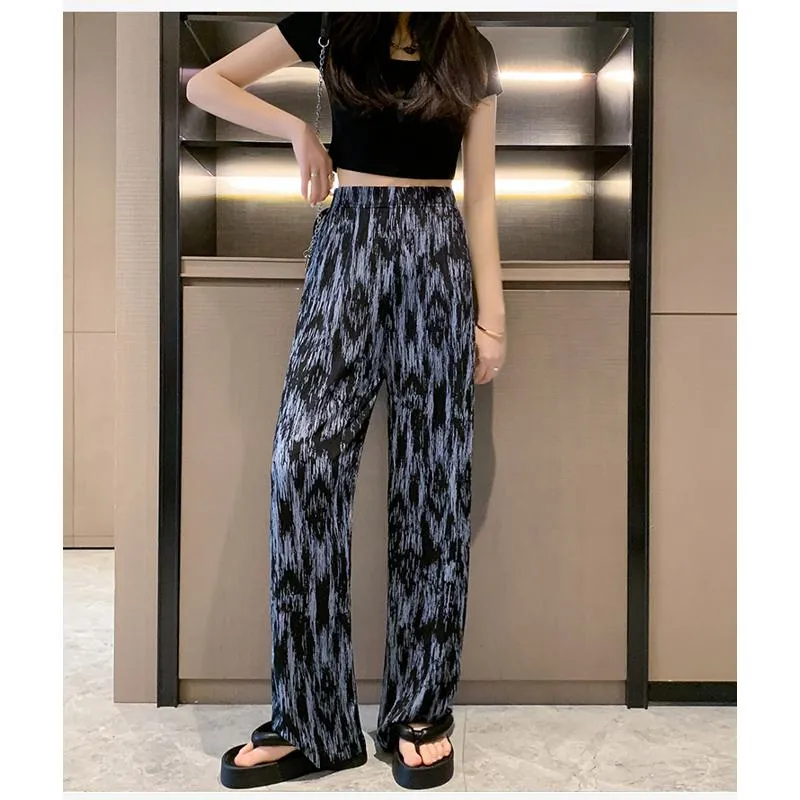 Floor-Length Casual Tie-Dye Straight Plus Silky Black High-Waisted Pants