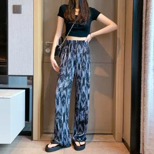 Floor-Length Casual Tie-Dye Straight Plus Silky Black High-Waisted Pants