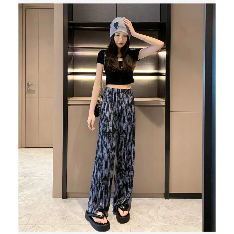 Floor-Length Casual Tie-Dye Straight Plus Silky Black High-Waisted Pants