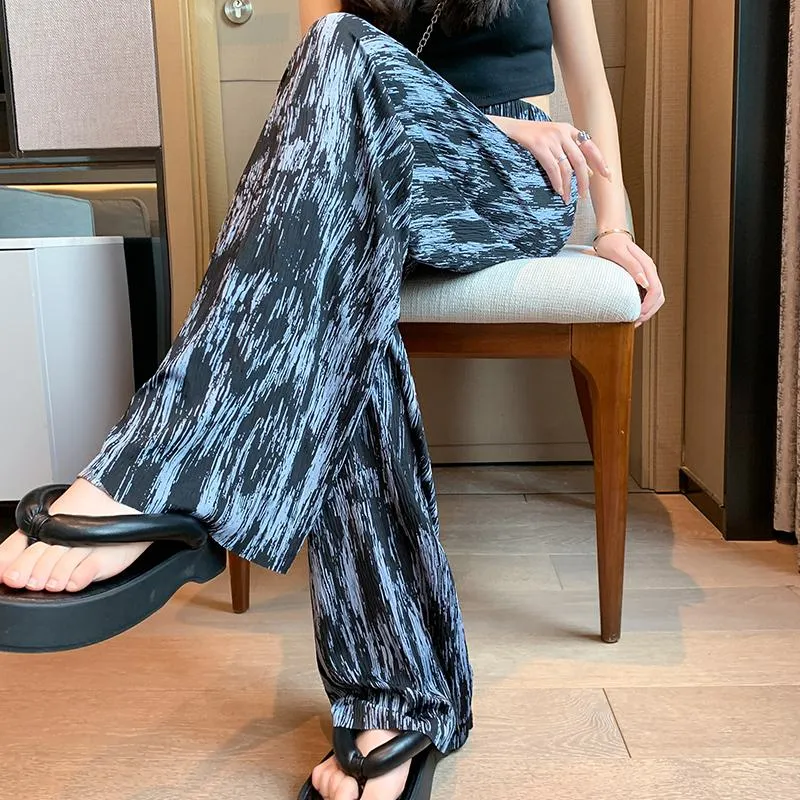 Floor-Length Casual Tie-Dye Straight Plus Silky Black High-Waisted Pants