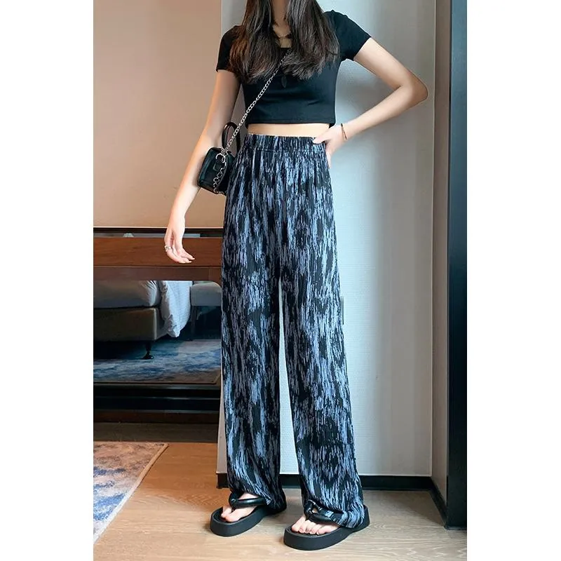 Floor-Length Casual Tie-Dye Straight Plus Silky Black High-Waisted Pants