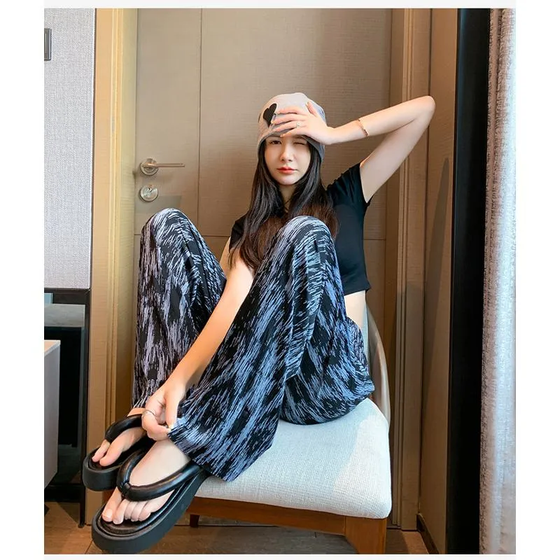 Floor-Length Casual Tie-Dye Straight Plus Silky Black High-Waisted Pants