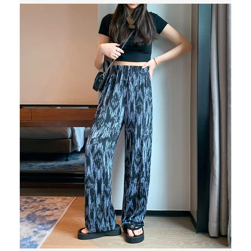 Floor-Length Casual Tie-Dye Straight Plus Silky Black High-Waisted Pants