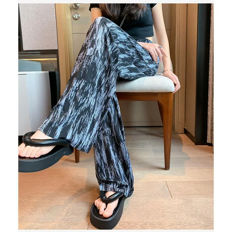 Floor-Length Casual Tie-Dye Straight Plus Silky Black High-Waisted Pants