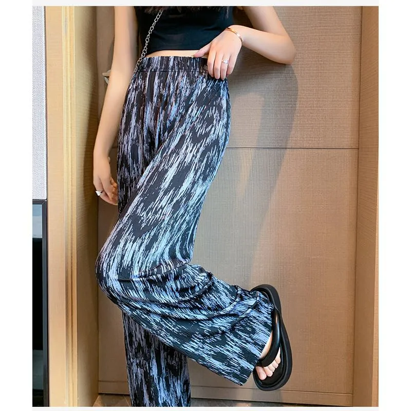 Floor-Length Casual Tie-Dye Straight Plus Silky Black High-Waisted Pants