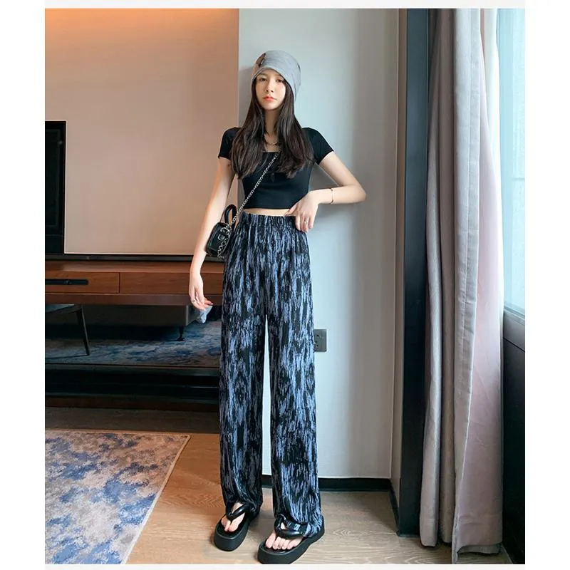 Floor-Length Casual Tie-Dye Straight Plus Silky Black High-Waisted Pants