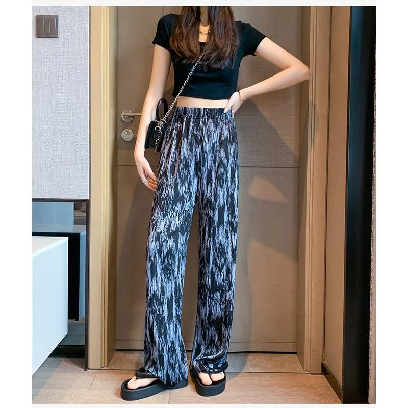 Floor-Length Casual Tie-Dye Straight Plus Silky Black High-Waisted Pants