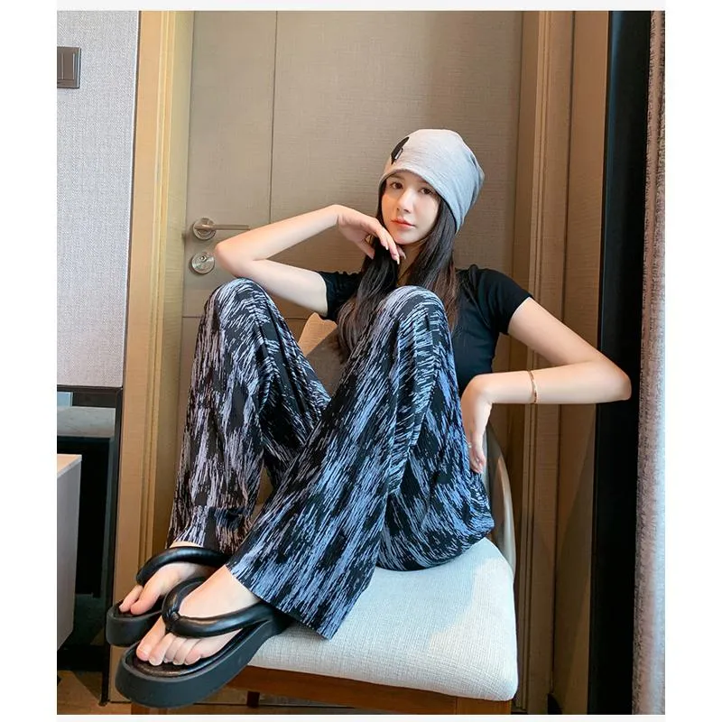 Floor-Length Casual Tie-Dye Straight Plus Silky Black High-Waisted Pants