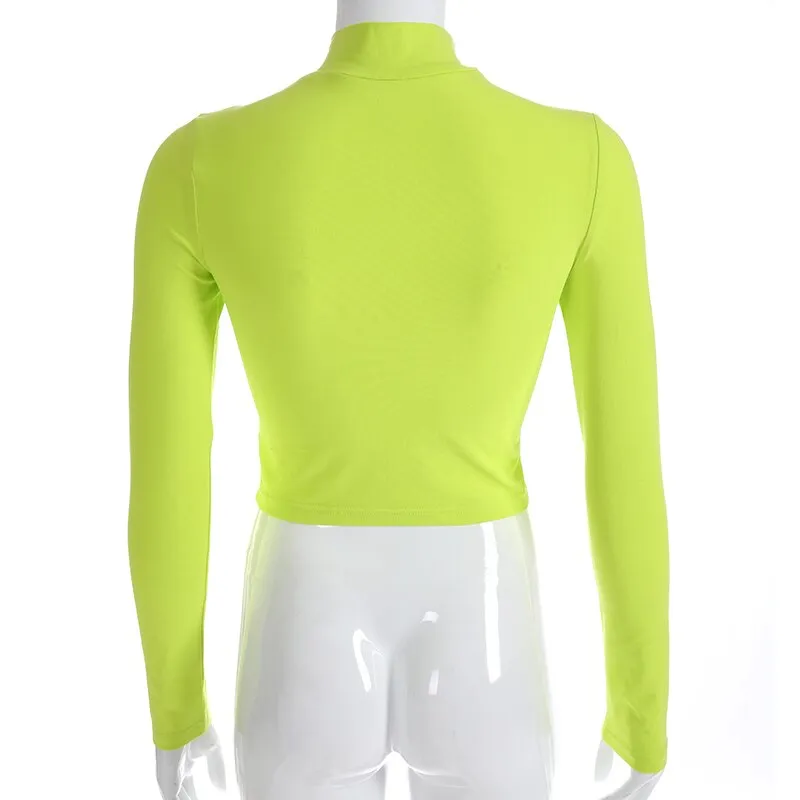 Fluorescence Green Sexy Crop Top Hollow Out Turtleneck Long Sleeve