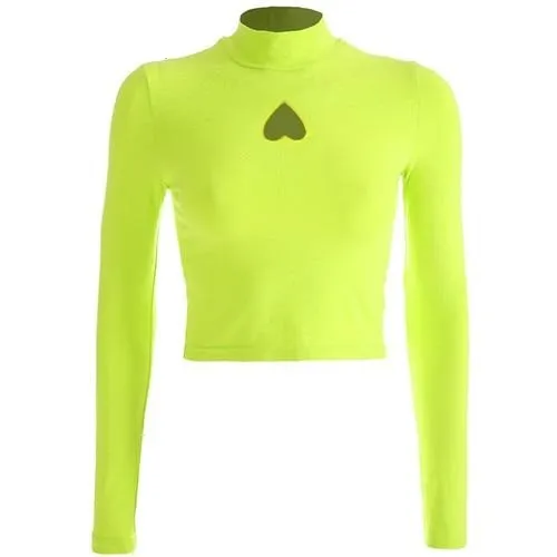 Fluorescence Green Sexy Crop Top Hollow Out Turtleneck Long Sleeve