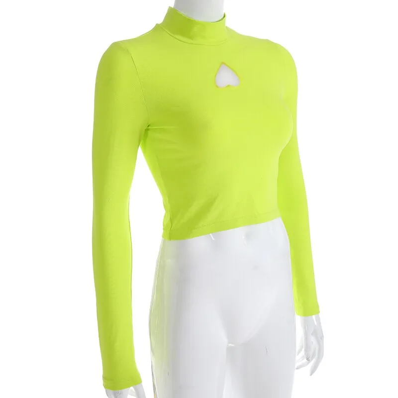 Fluorescence Green Sexy Crop Top Hollow Out Turtleneck Long Sleeve