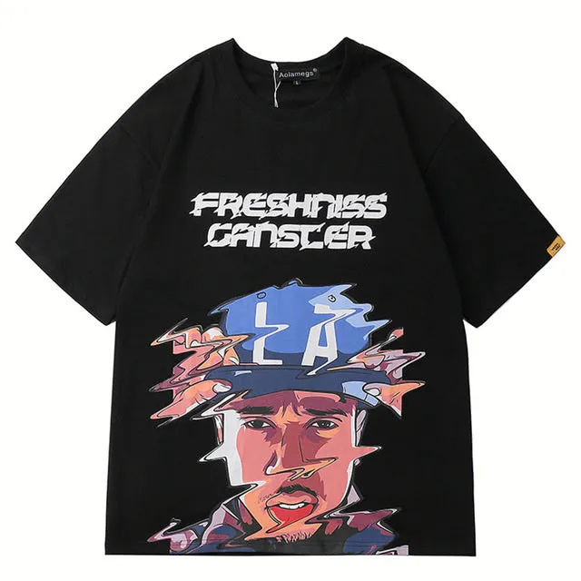 Freshness Gangster Printed Hip Hop Streetwear Loose Tees