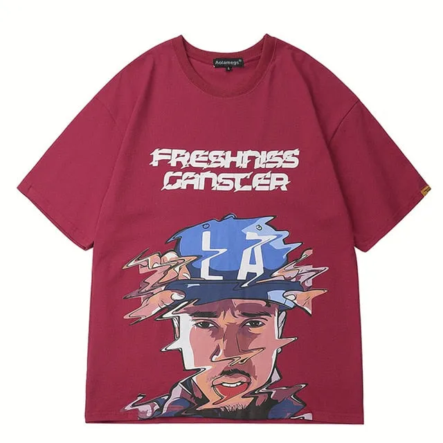 Freshness Gangster Printed Hip Hop Streetwear Loose Tees