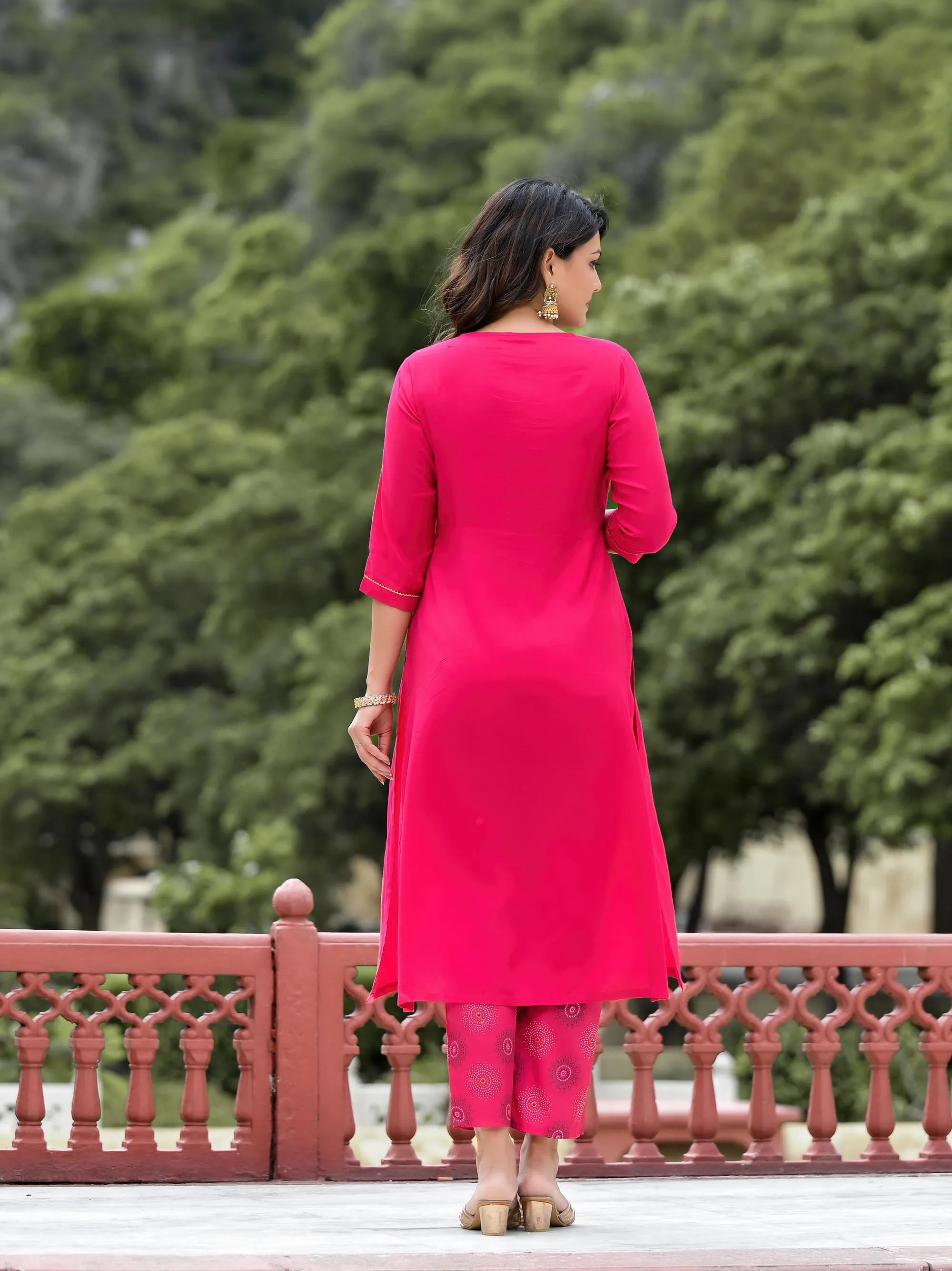 Fuchsia Viscose Embroidered A-Line Kurta Pants & Dupatta Set With Mirror Work And Lace