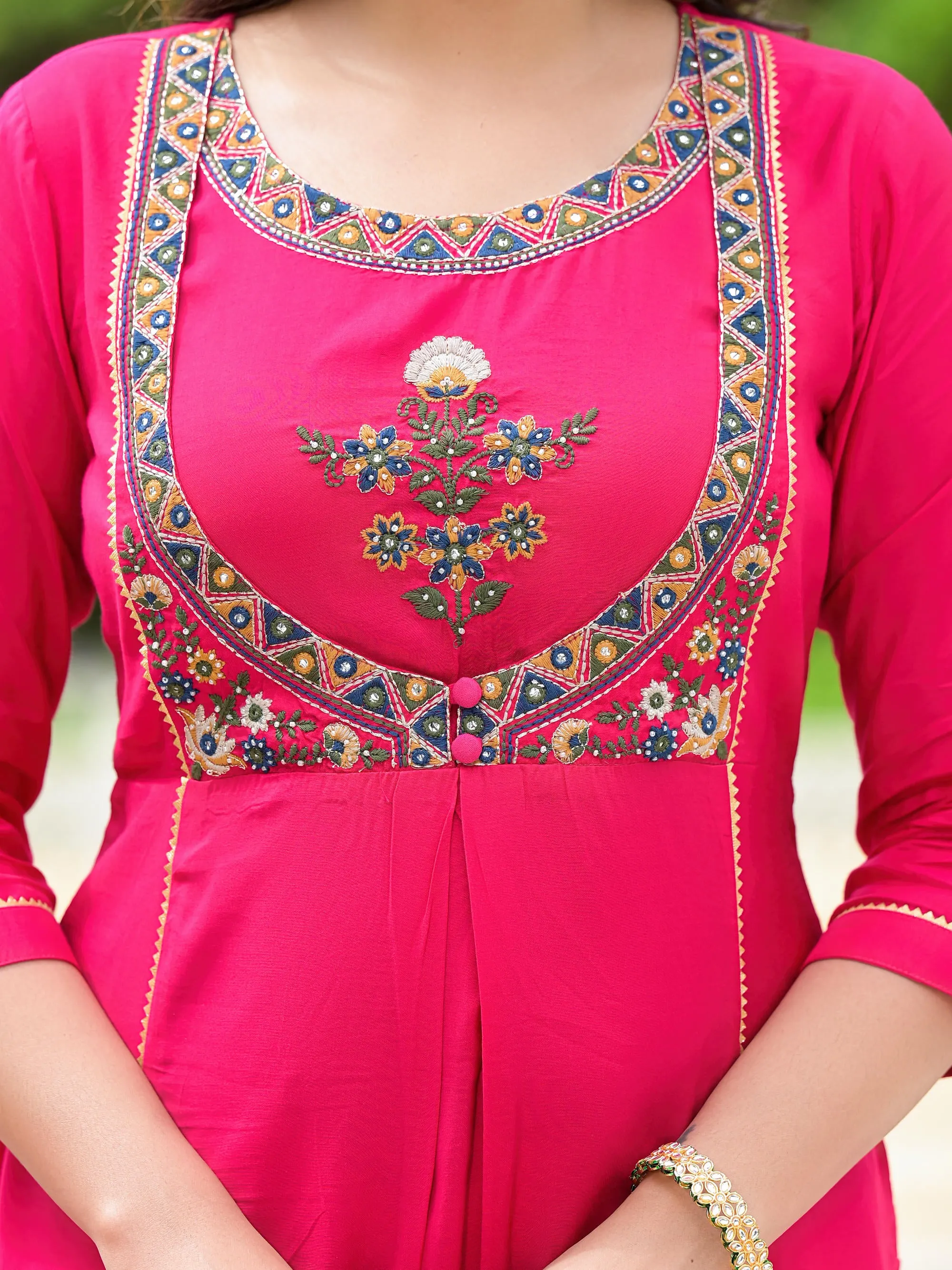 Fuchsia Viscose Embroidered A-Line Kurta Pants & Dupatta Set With Mirror Work And Lace