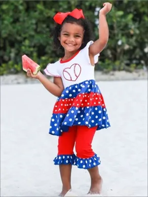 Girls Flutter Sleeve Baseball Heart Polka Dot Ruffled Tunic And Matching Flared Ruffled Legging Set