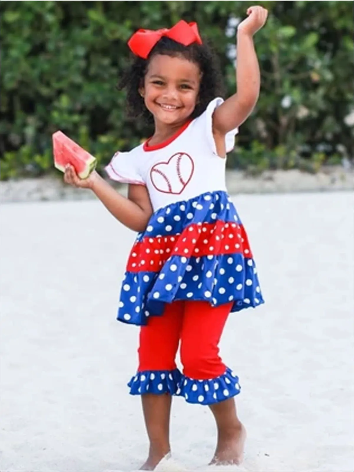 Girls Flutter Sleeve Baseball Heart Polka Dot Ruffled Tunic And Matching Flared Ruffled Legging Set