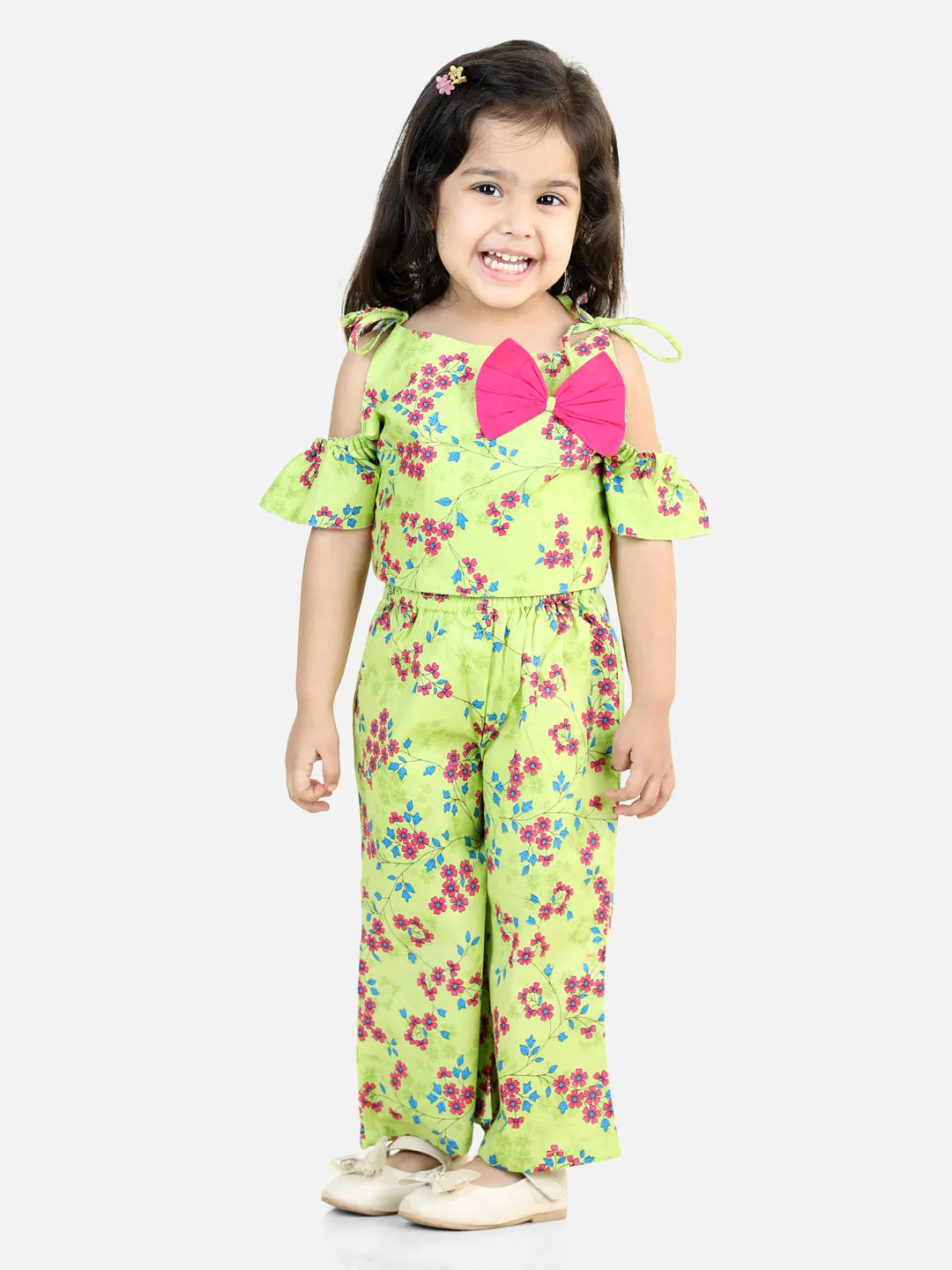 Girls Off Shoulder Printed 100% Cotton Top With Palazzo Indo Wester Clothing Sets- Green