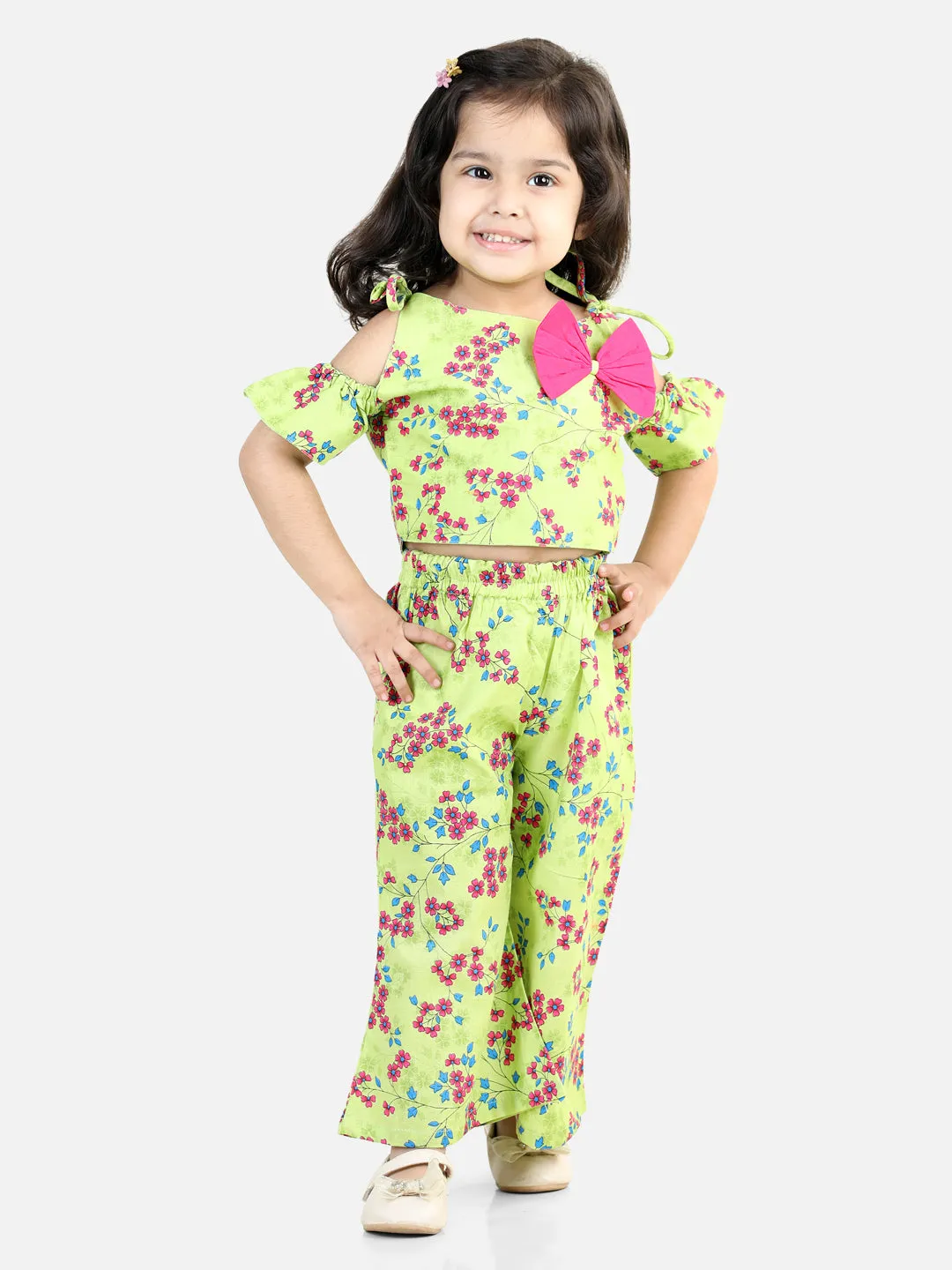 Girls Off Shoulder Printed 100% Cotton Top With Palazzo Indo Wester Clothing Sets- Green