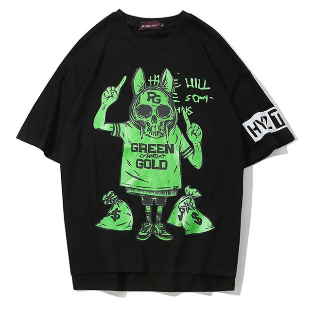 Green & Gold Printed Hip Hop Streetwear Loose Tees