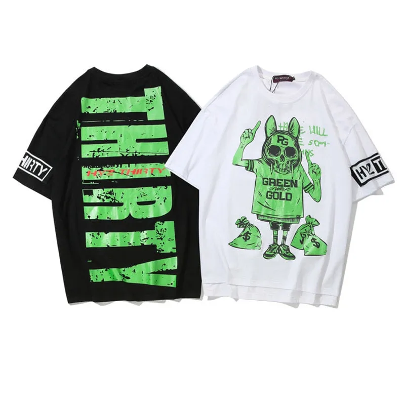 Green & Gold Printed Hip Hop Streetwear Loose Tees