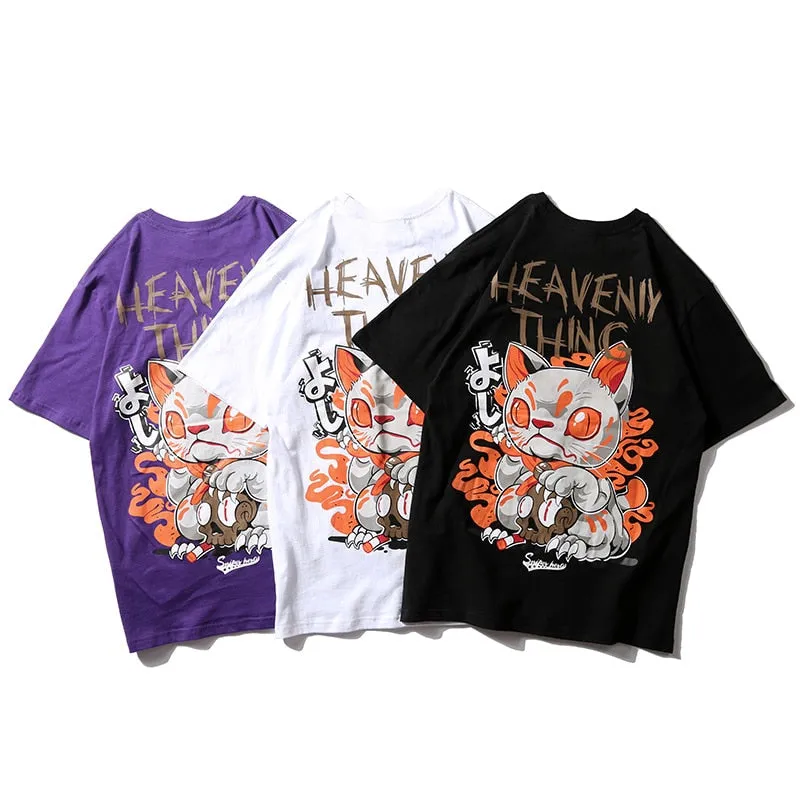 Heavenly Thing Cat Printed Hip Hop Streetwear Loose Tees